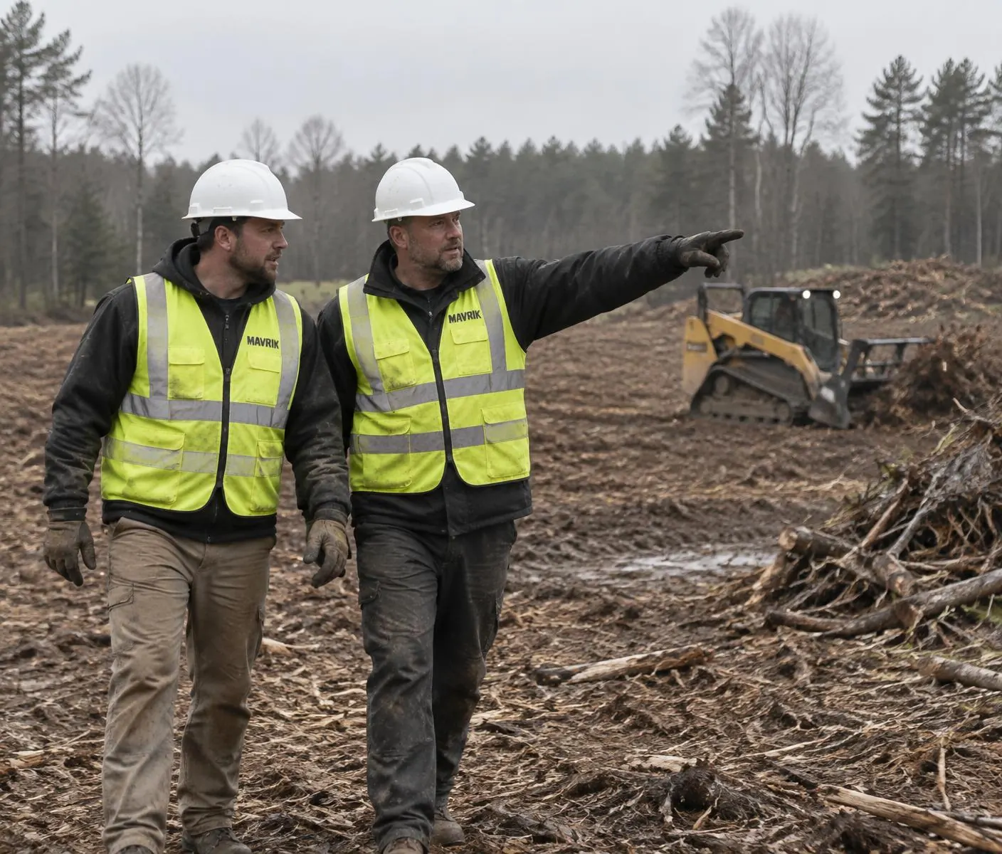 Two workers in hi-vis vests walking a cleared site during commercial land clearing
