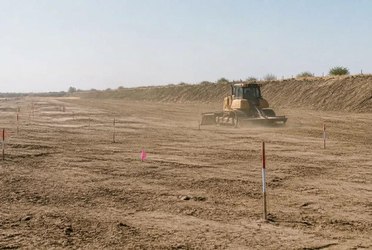Tracked machine working a staked corridor during right-of-way maintenance