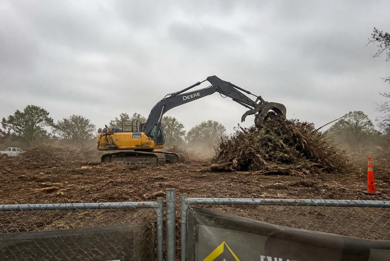 Excavator piling cleared brush during commercial land clearing