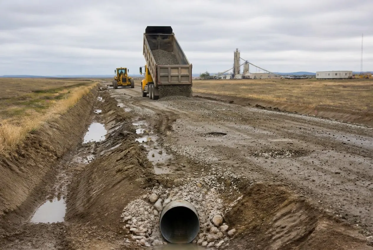 Dump truck on a stone construction access road with a drainage culvert