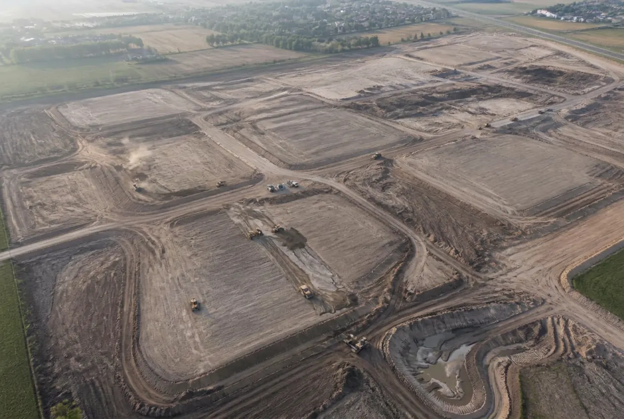 Aerial view of a large commercial site under earthwork